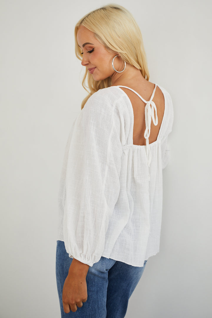White Puff Sleeve Loose Fit Textured Blouse