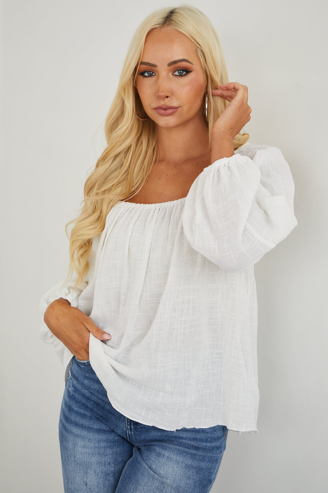 White Puff Sleeve Loose Fit Textured Blouse & Lime Lush