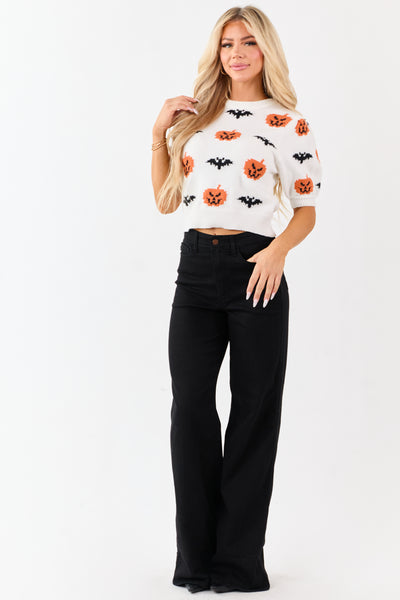 White Pumpkin and Bat Graphic Short Sleeve Sweater