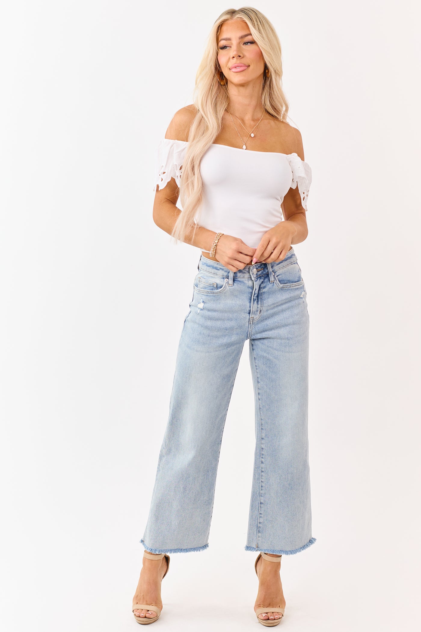 White Rib Knit Eyelet Lace Short Sleeve Top