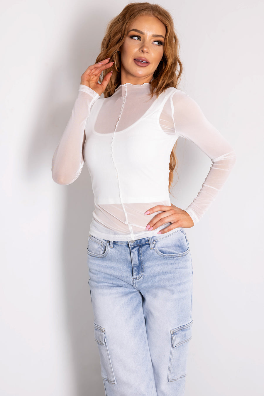 White Ribbed Crop Top with Long Sleeve Overlay