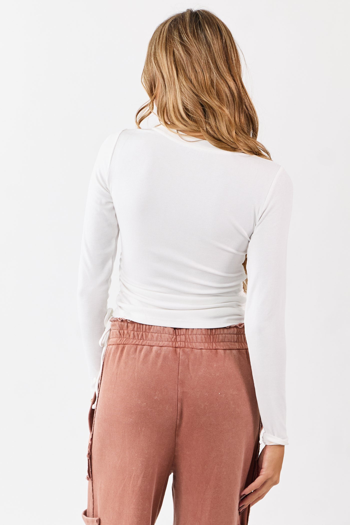 White Ruched Side Tie Long Sleeve Knit Top