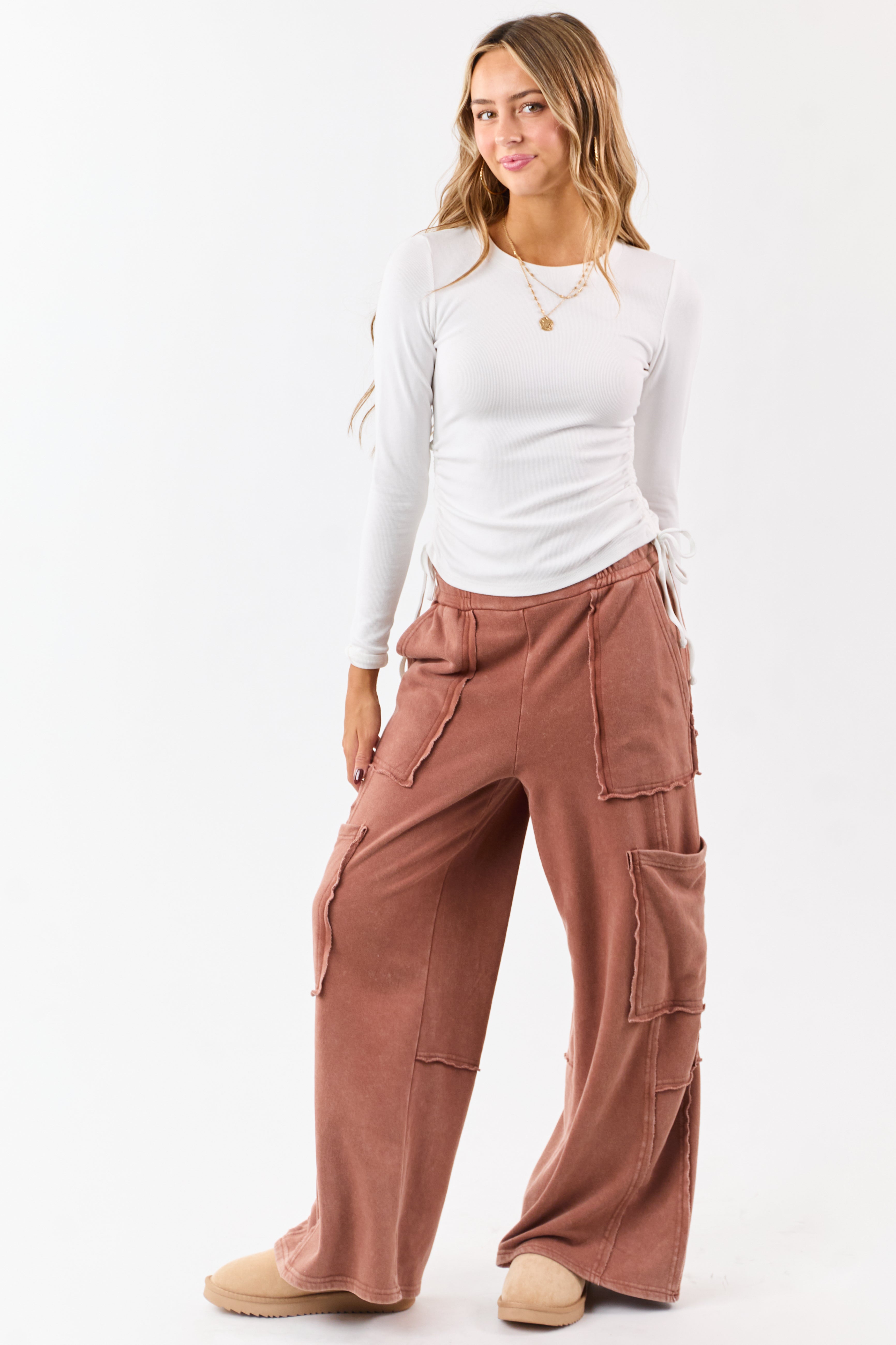 White Ruched Side Tie Long Sleeve Knit Top