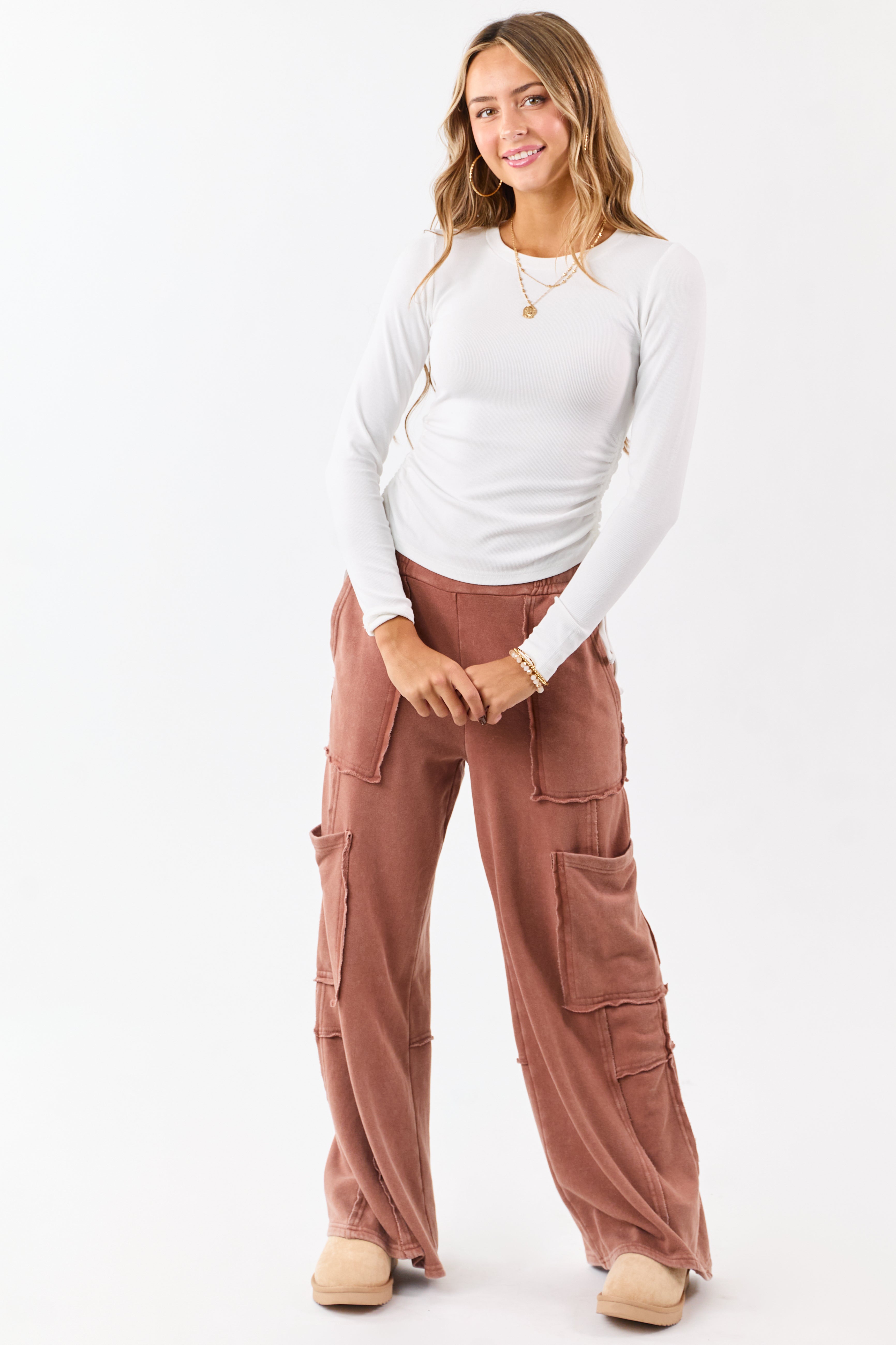 White Ruched Side Tie Long Sleeve Knit Top