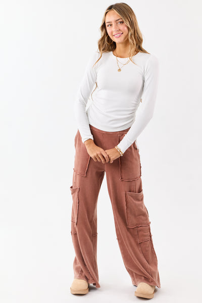 White Ruched Side Tie Long Sleeve Knit Top