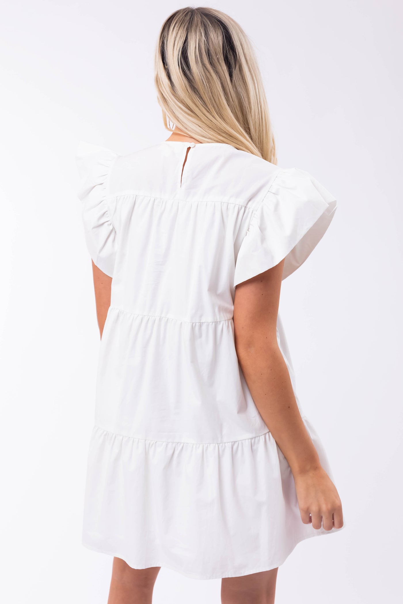 White Ruffle Sleeve Sequin Clover Short Dress