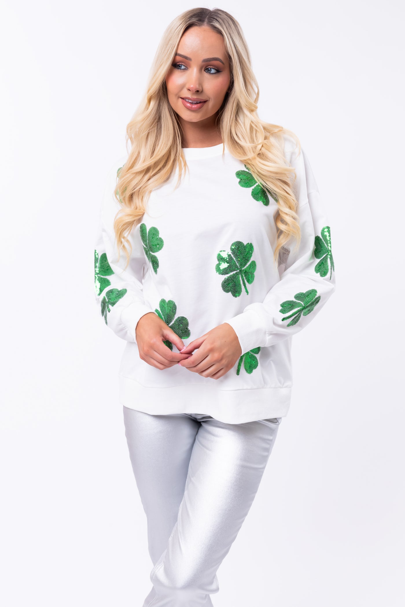 White Sequin Clover Graphic Pullover Top