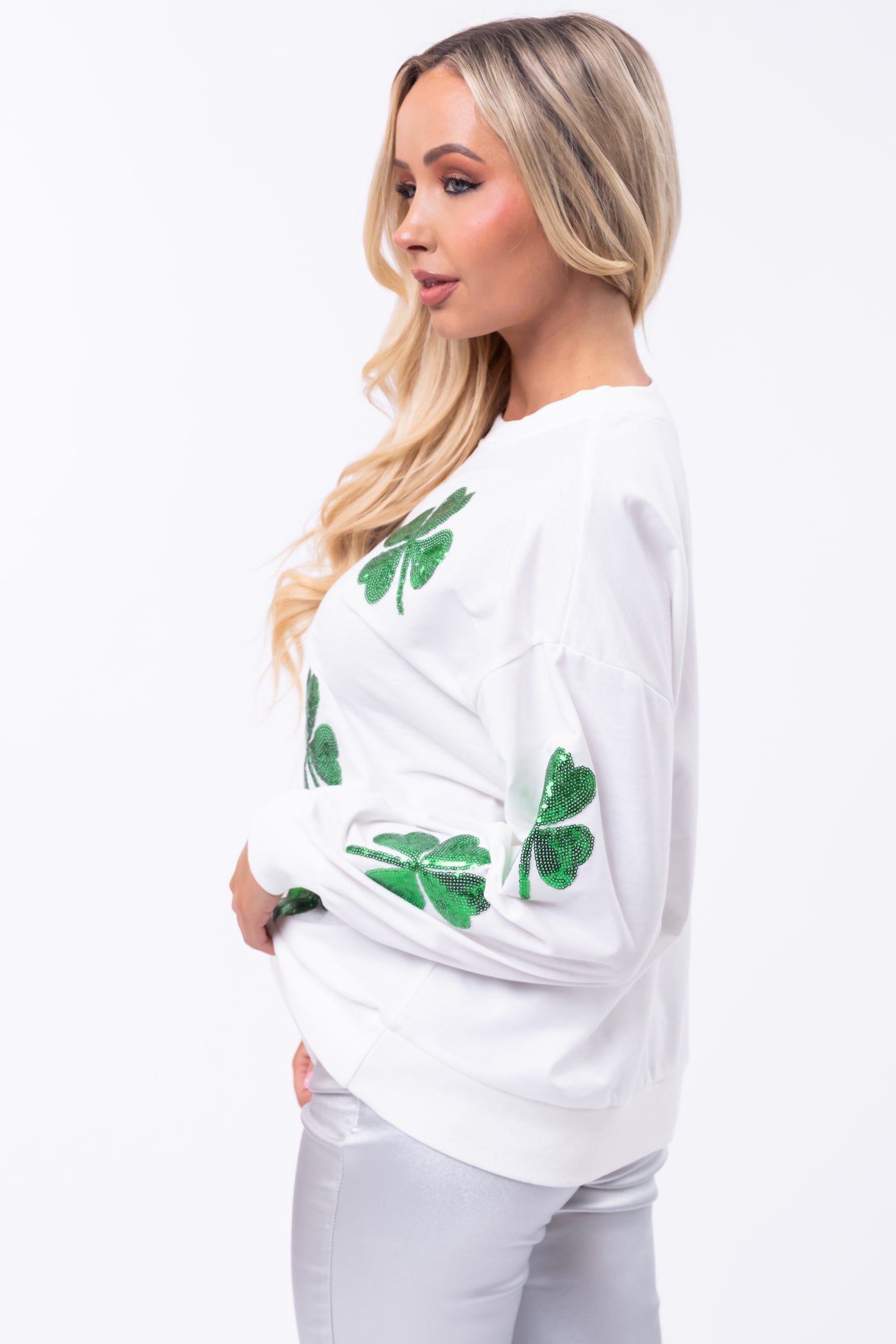 White Sequin Clover Graphic Pullover Top
