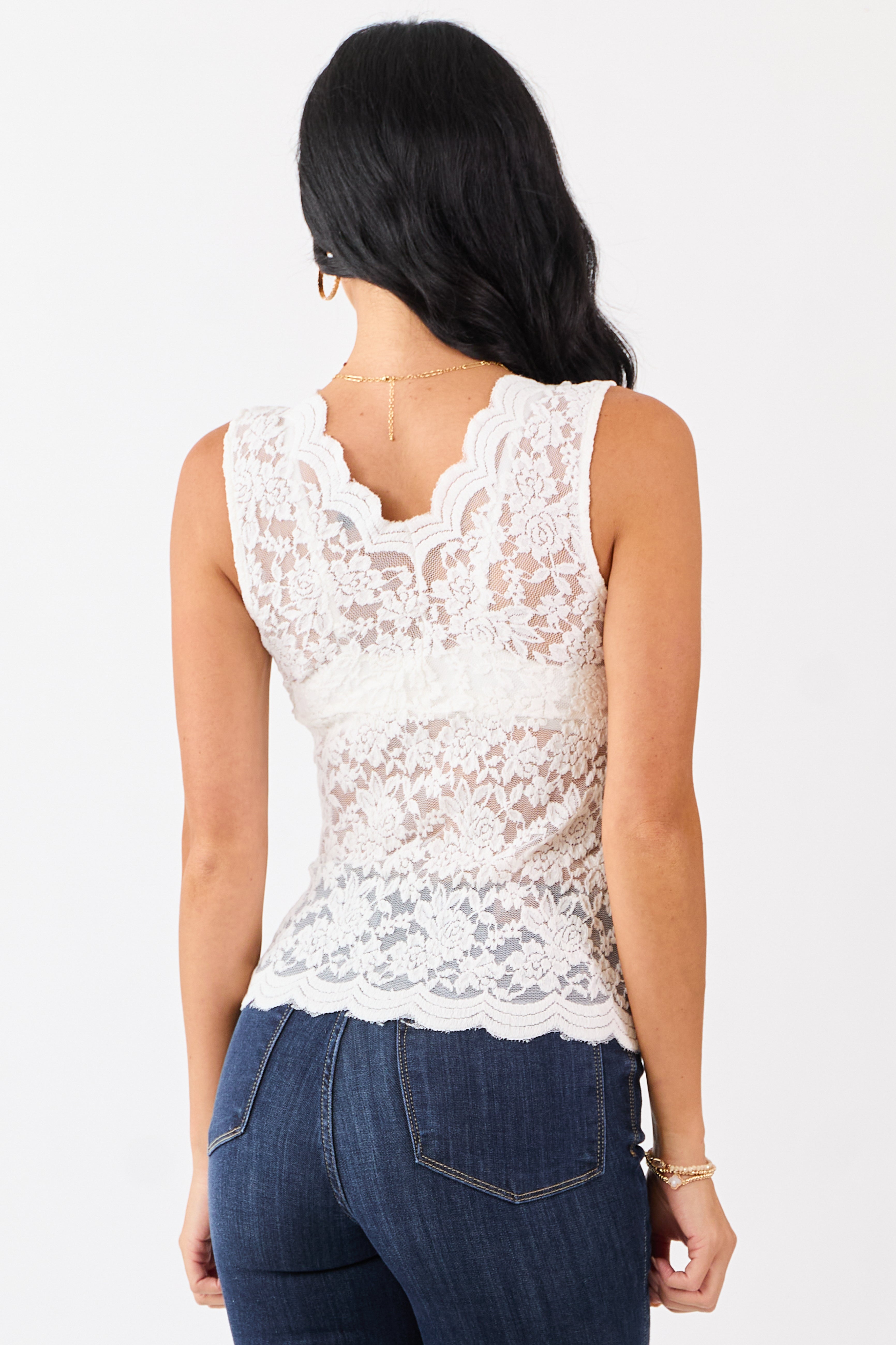White Sheer Floral Lace V-Neck Tank Top
