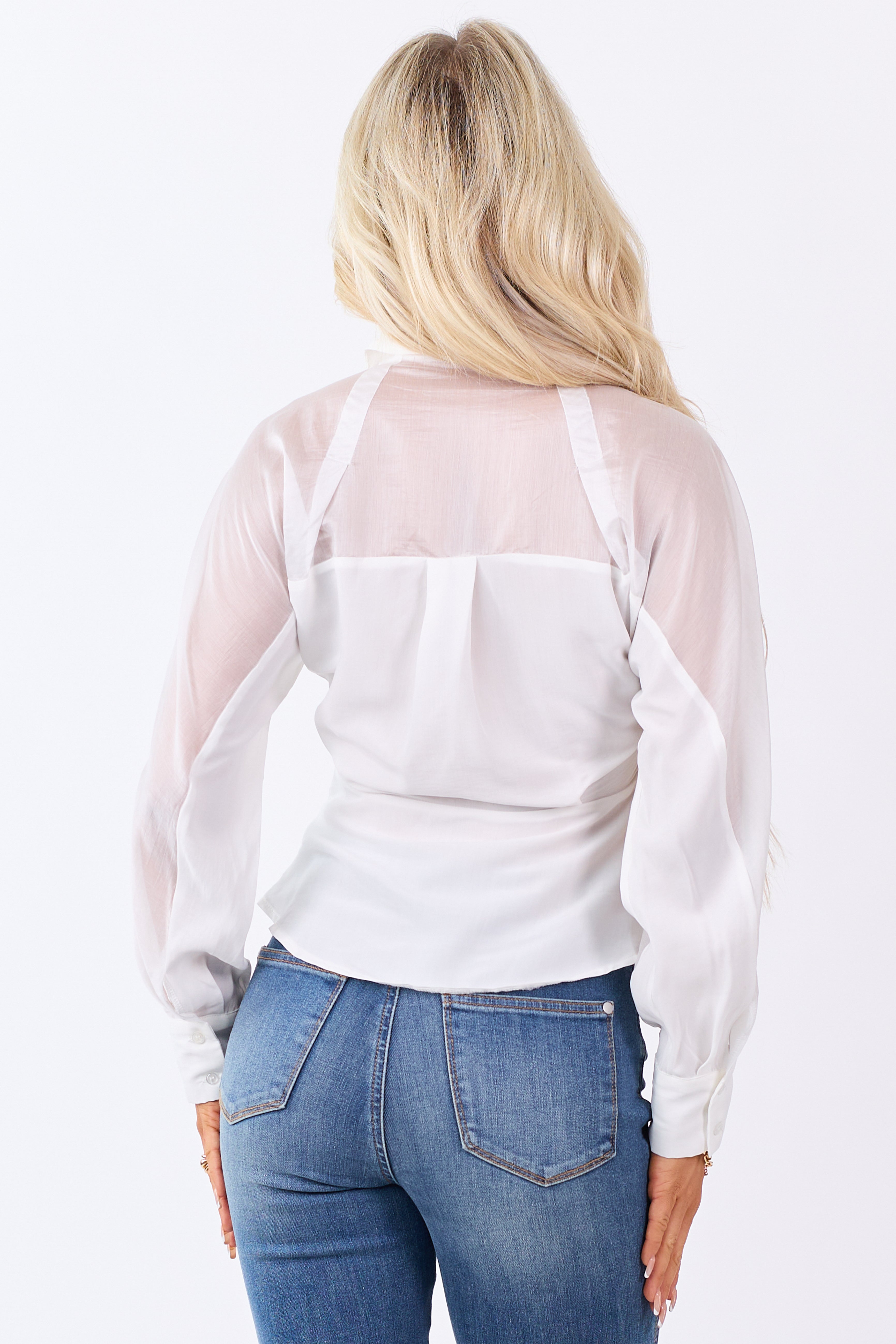 White Sheer Yoke Hidden Button Down Collared Top