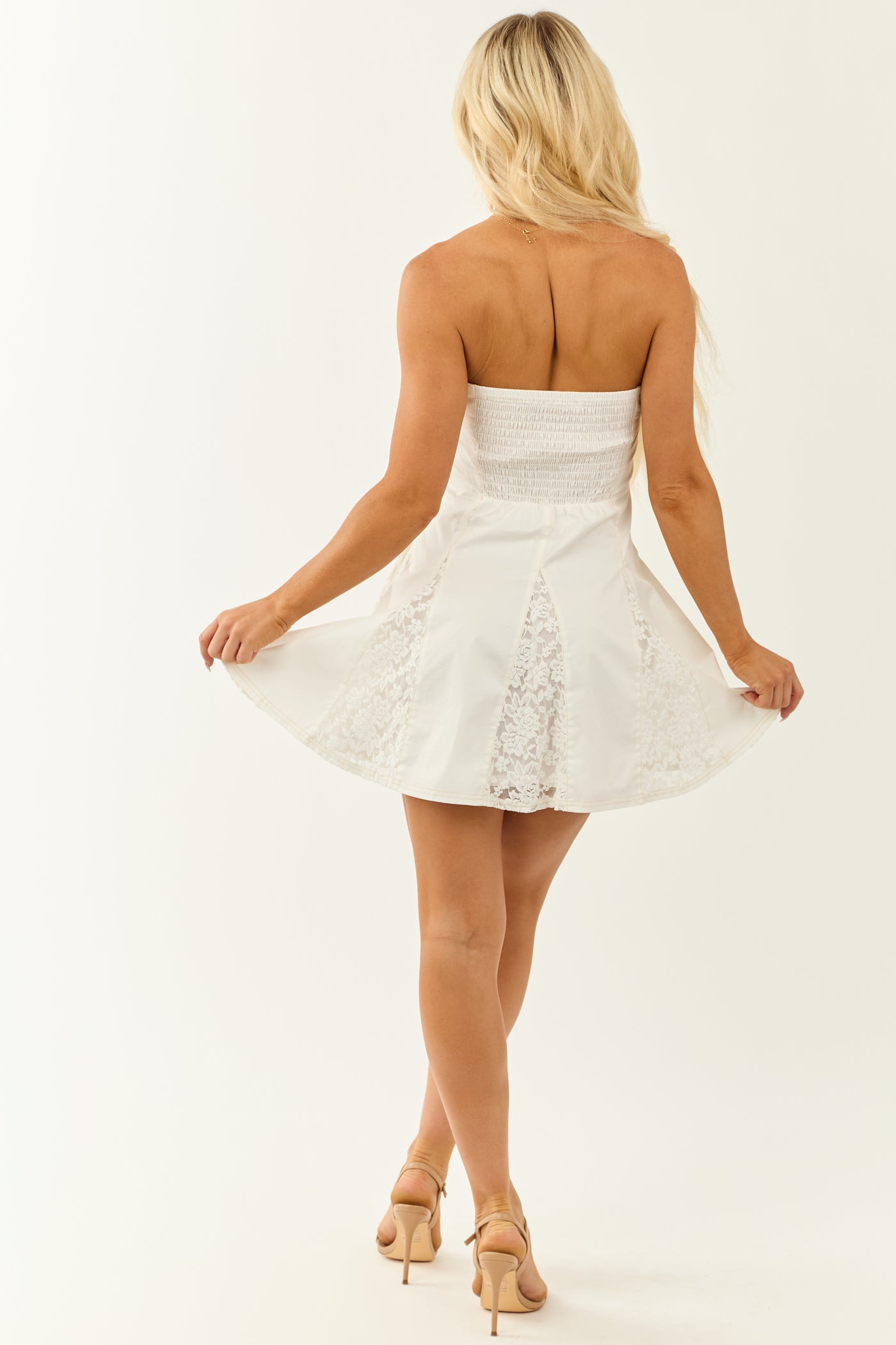White Strapless Floral Lace Paneling Mini Dress