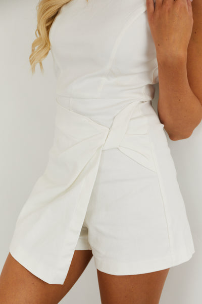 White Sleeveless Front Overlay Denim Romper