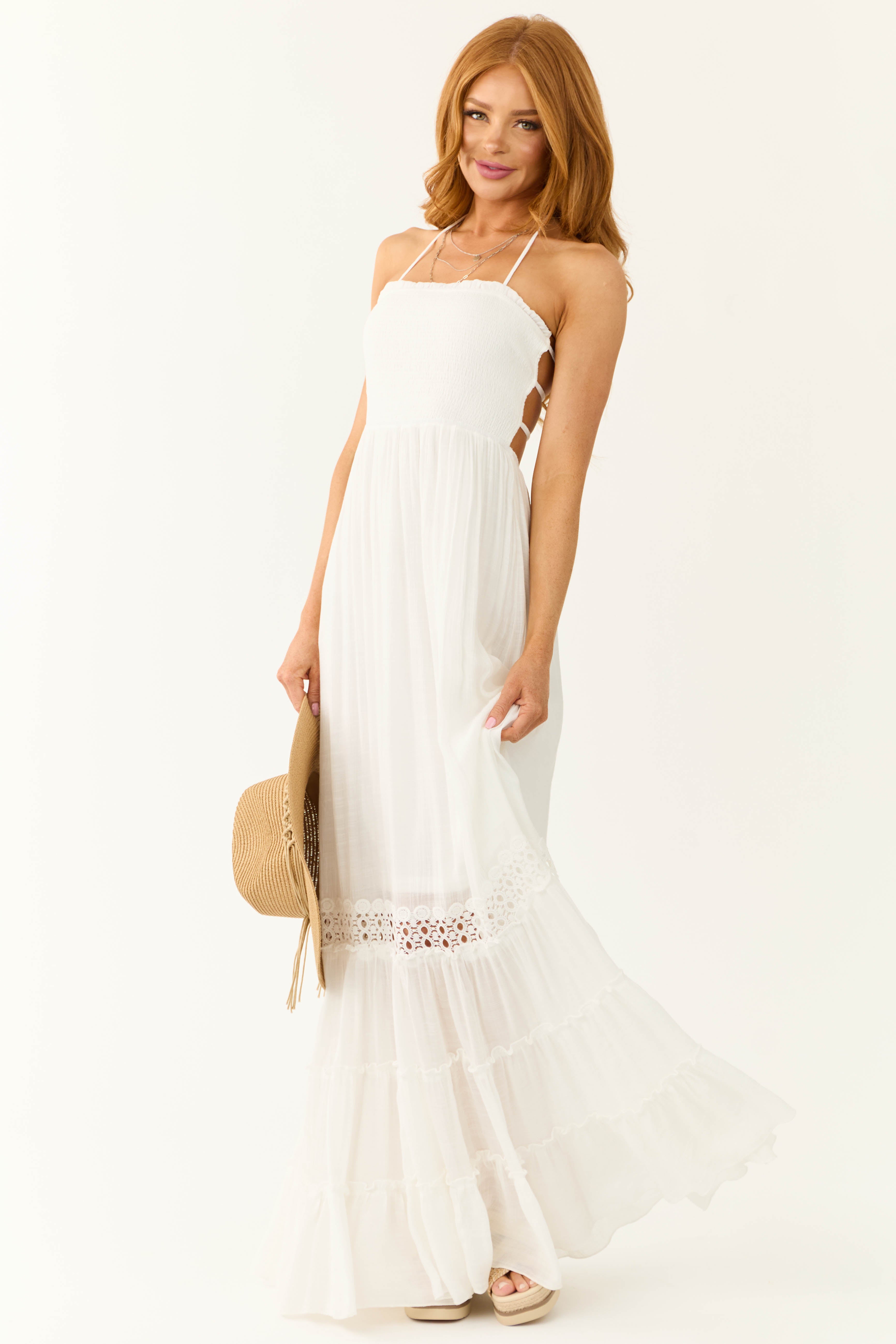 White Sleeveless Tiered Smocked Maxi Dress | Lime Lush Boutique
