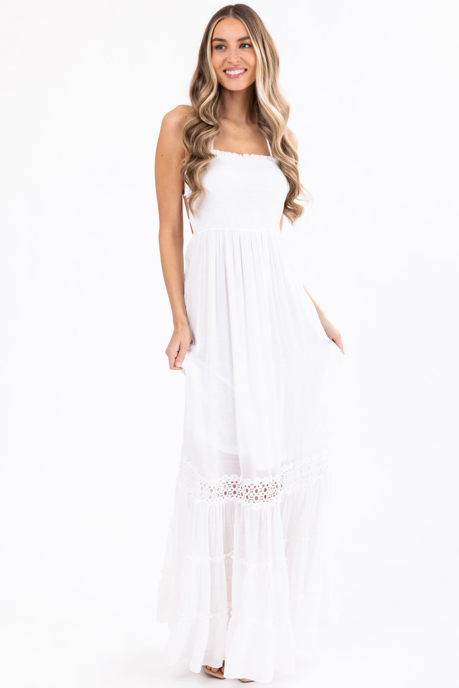 White Sleeveless Tiered Smocked Maxi Dress