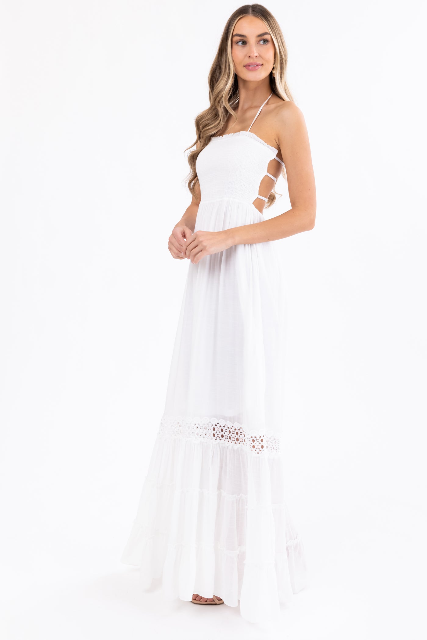 White Sleeveless Tiered Smocked Maxi Dress