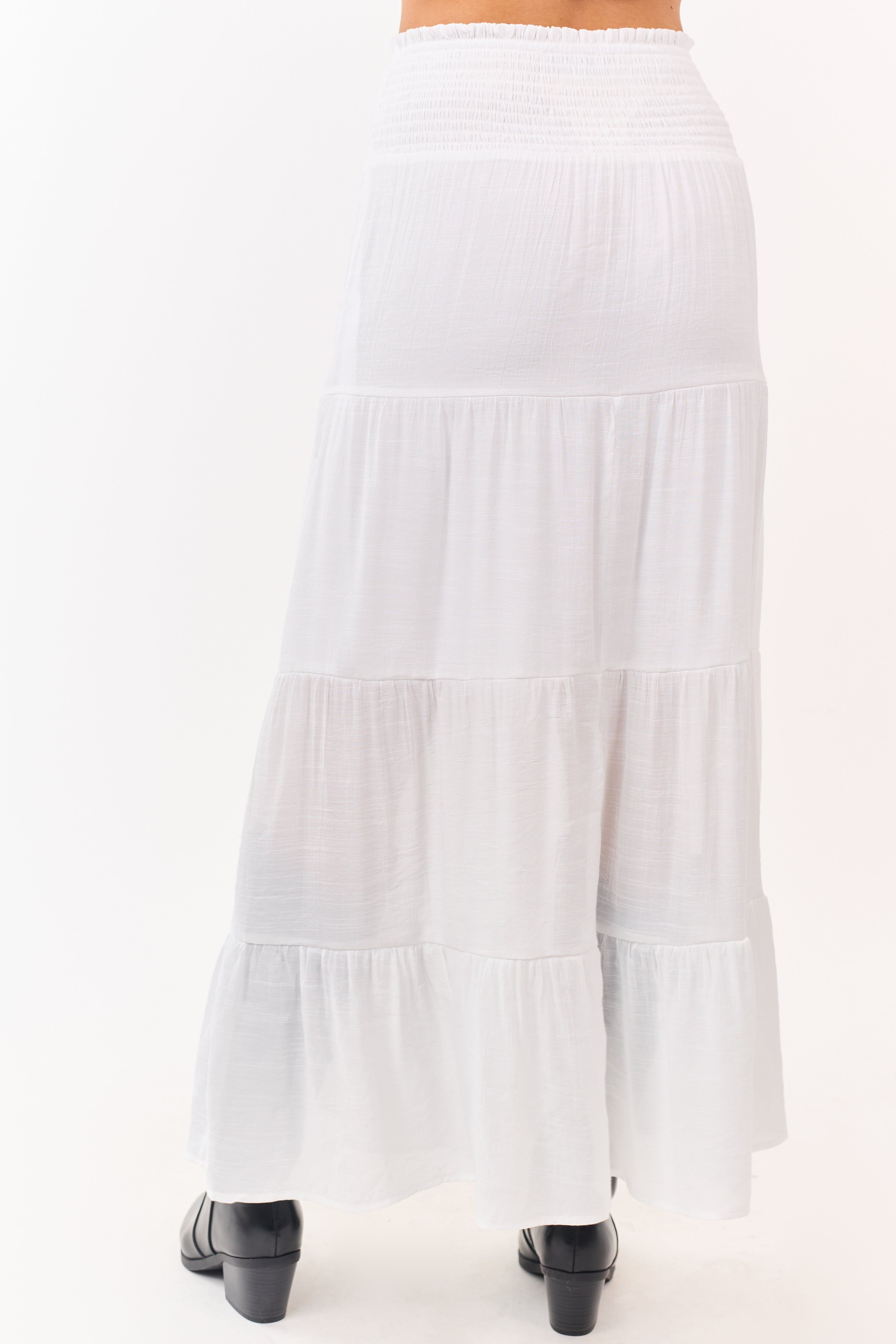 White Smocked Waist Tiered Maxi Skirt
