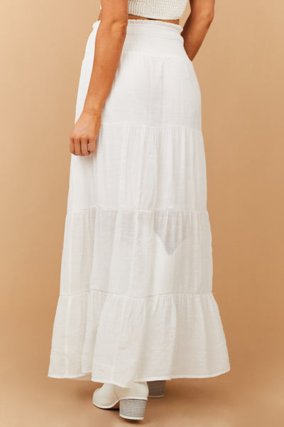 White Smocked Waist Tiered Maxi Skirt