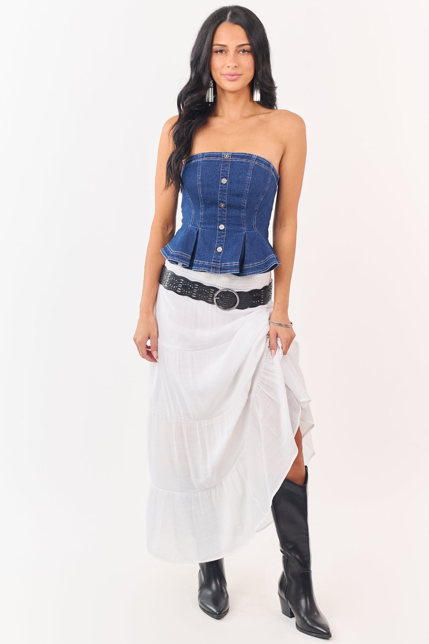 White Smocked Waist Tiered Maxi Skirt