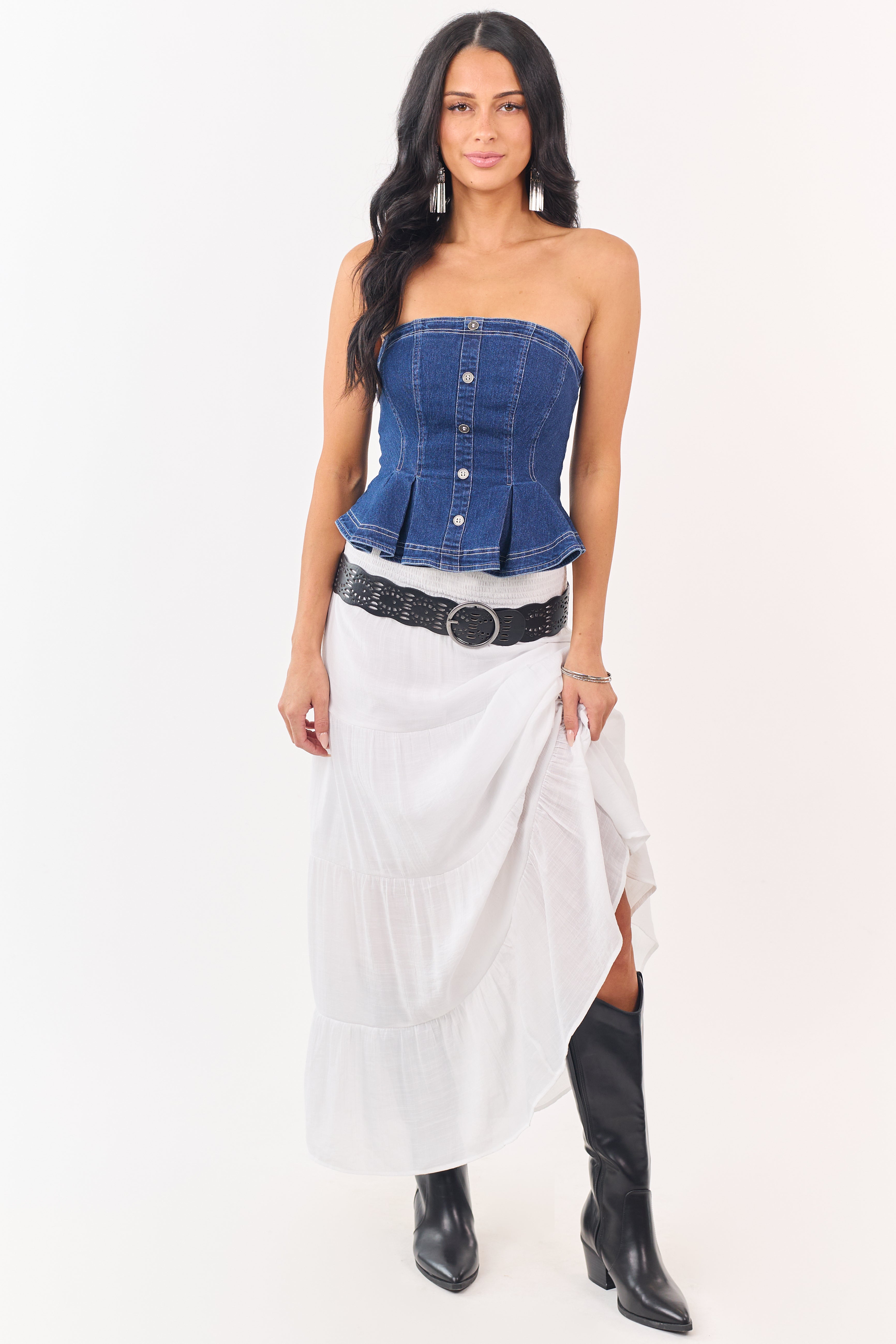 White Smocked Waist Tiered Maxi Skirt