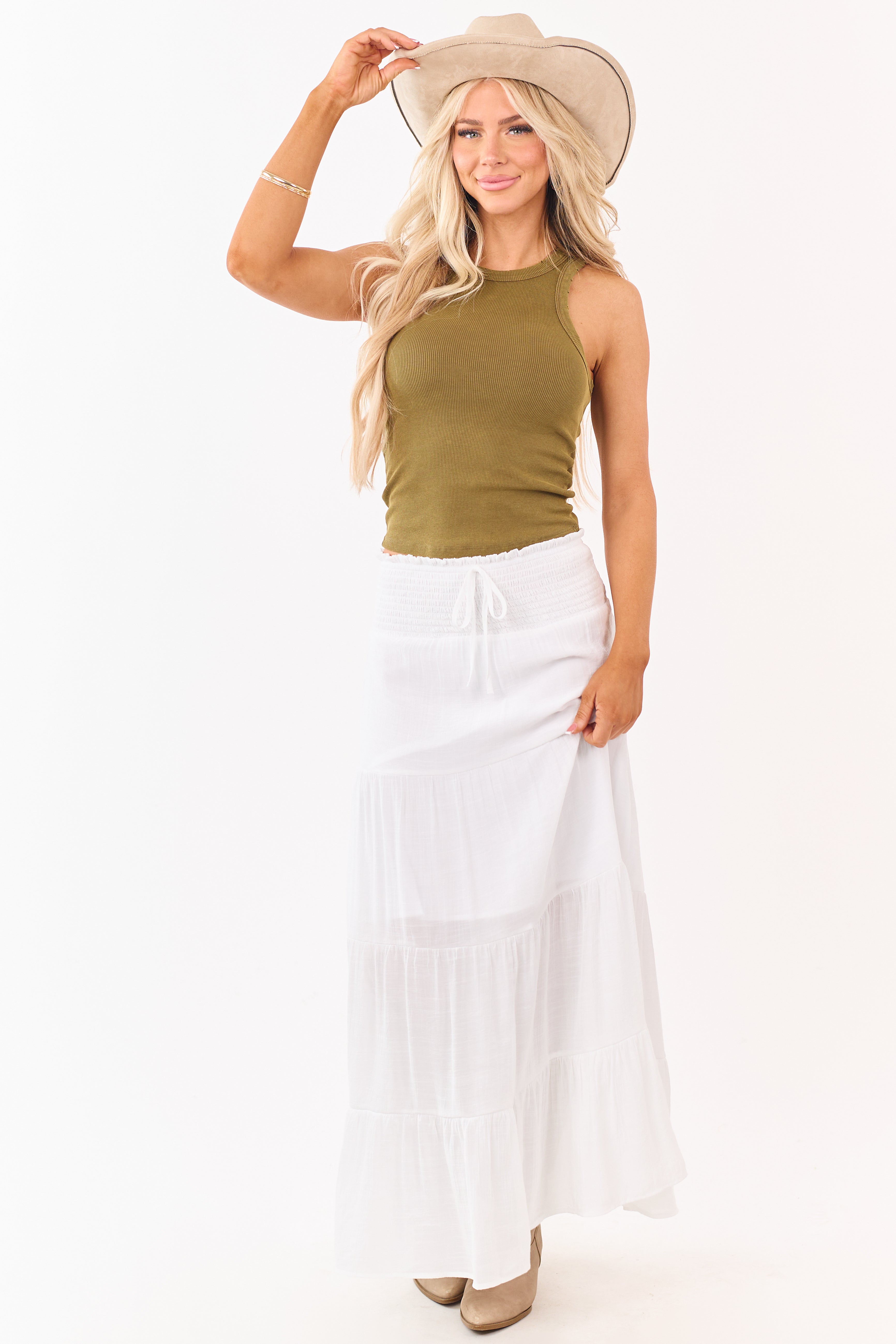 White Smocked Waist Tiered Maxi Skirt | Lime Lush Boutique