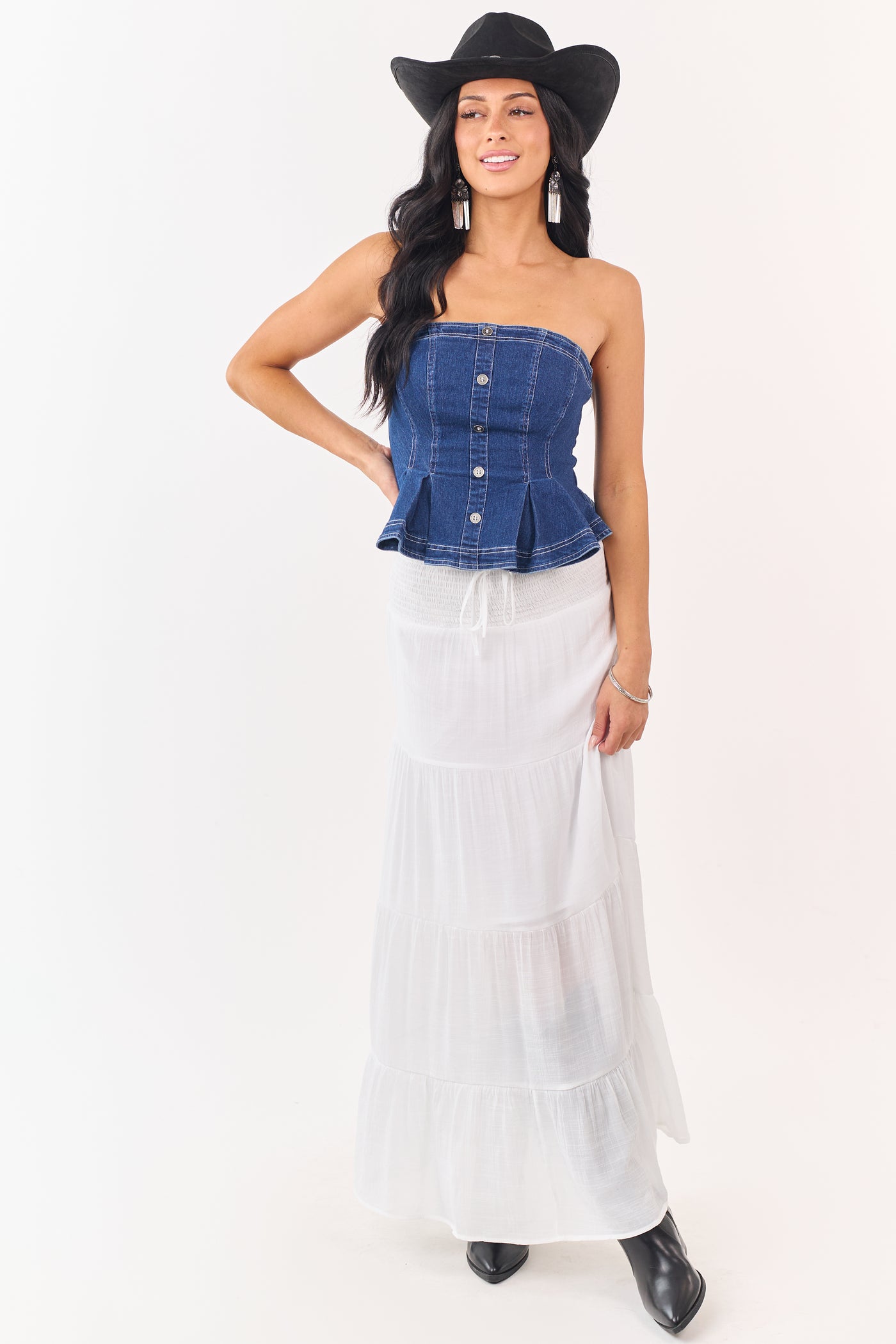 White Smocked Waist Tiered Maxi Skirt