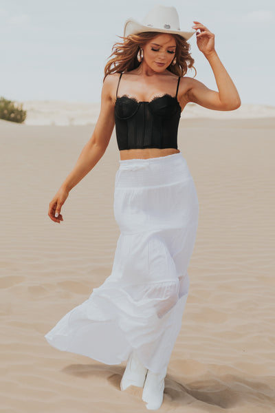 White Smocked Waist Tiered Maxi Skirt