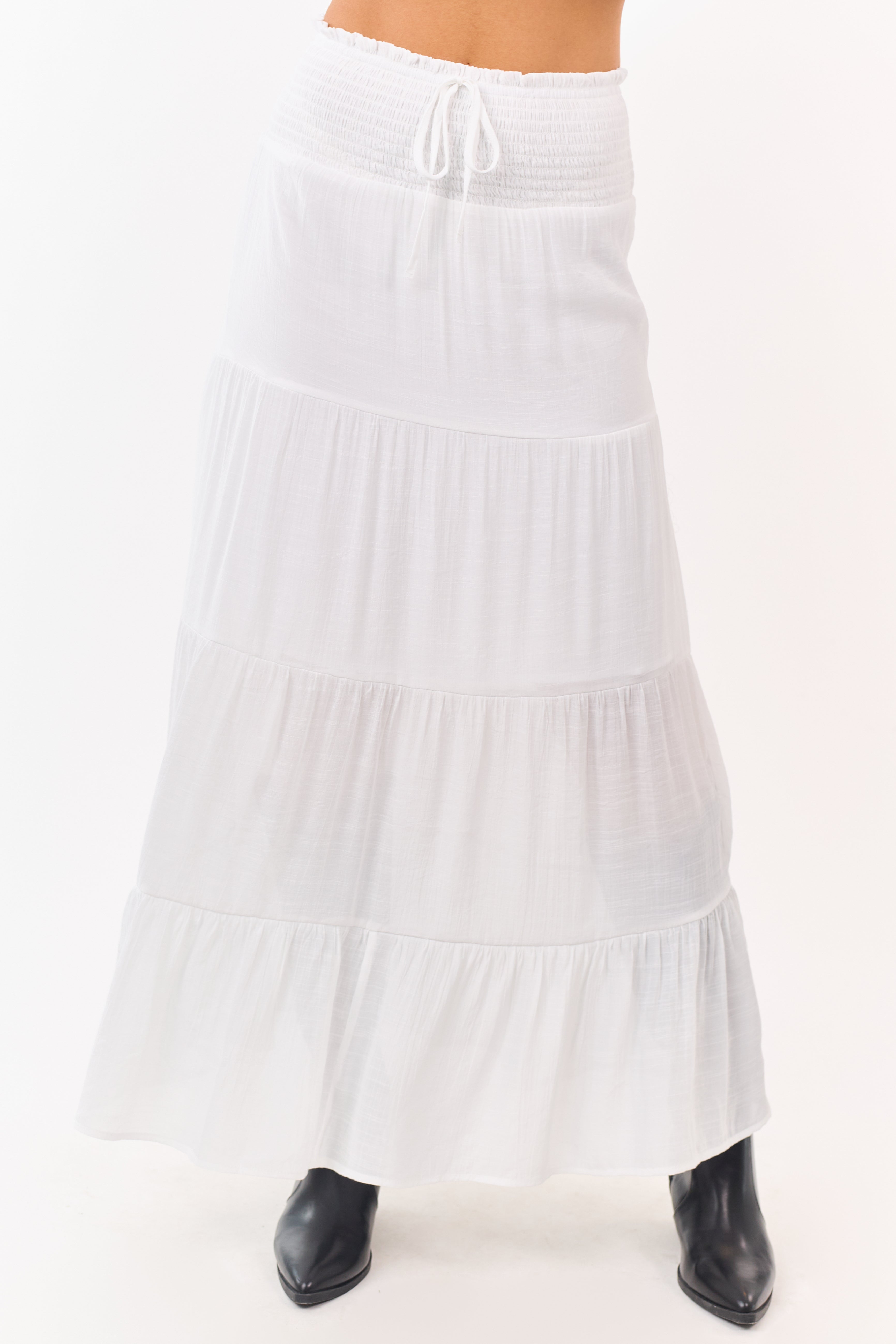 White Smocked Waist Tiered Maxi Skirt