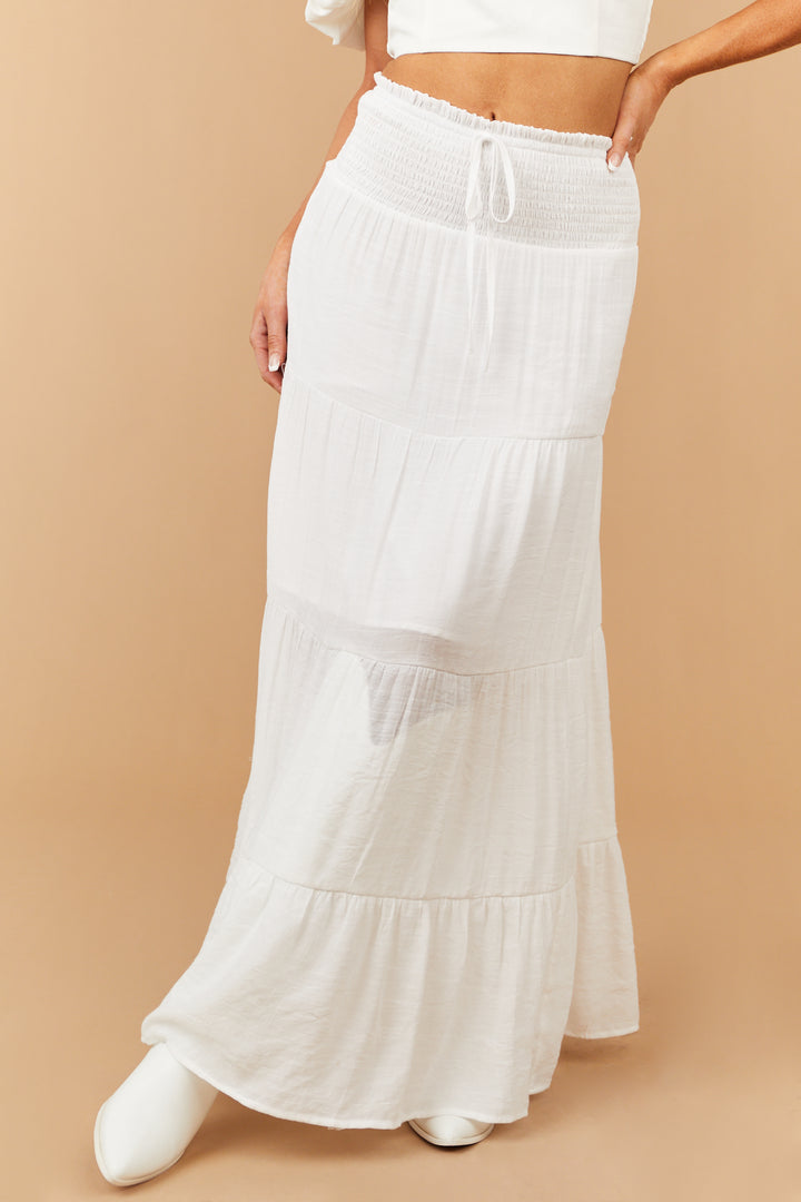 White Smocked Waist Tiered Maxi Skirt