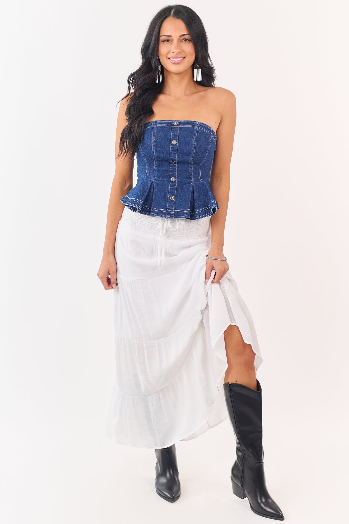 White Smocked Waist Tiered Maxi Skirt