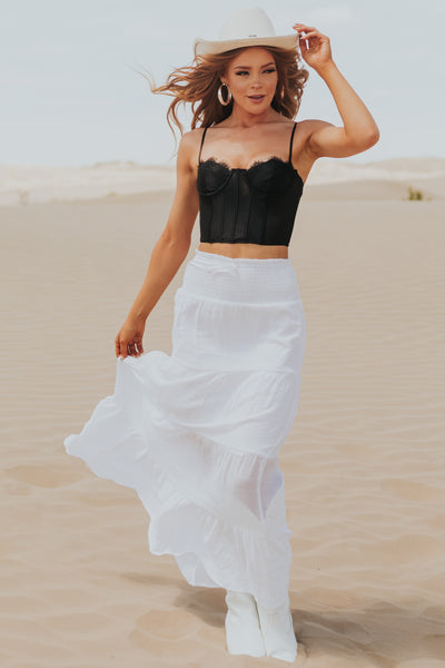White Smocked Waist Tiered Maxi Skirt