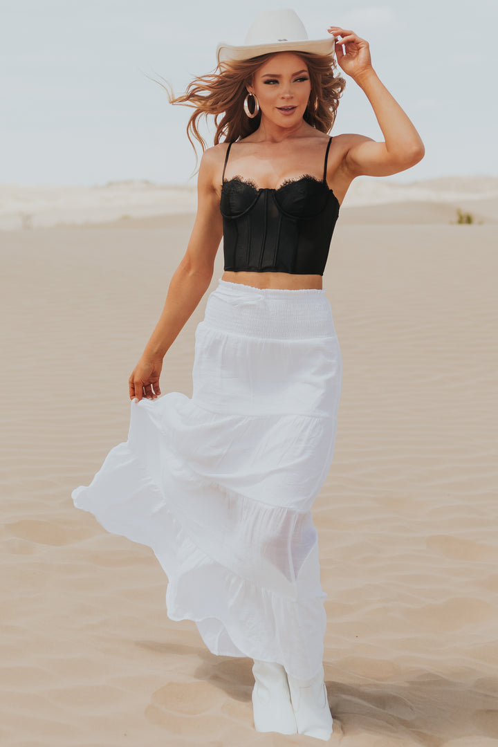 White Smocked Waist Tiered Maxi Skirt