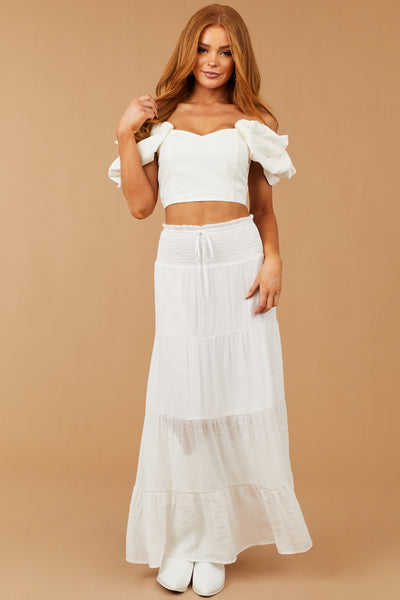 White Smocked Waist Tiered Maxi Skirt
