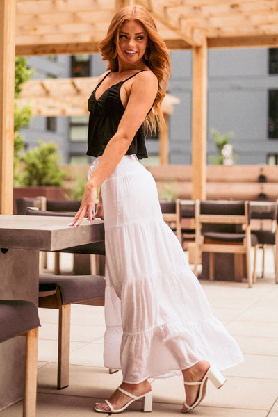 White Smocked Waist Tiered Maxi Skirt