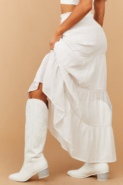 White Smocked Waist Tiered Maxi Skirt