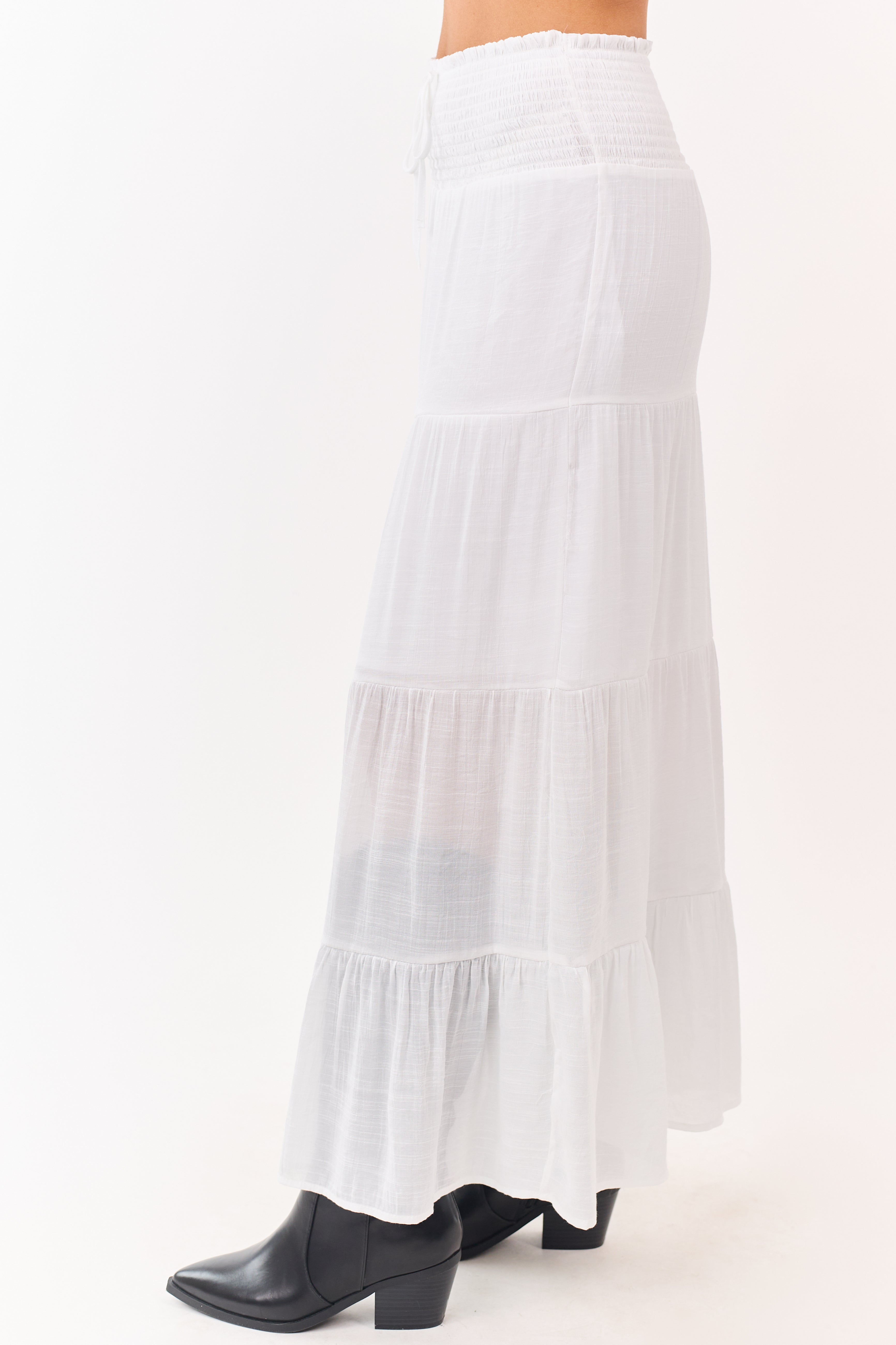 White Smocked Waist Tiered Maxi Skirt