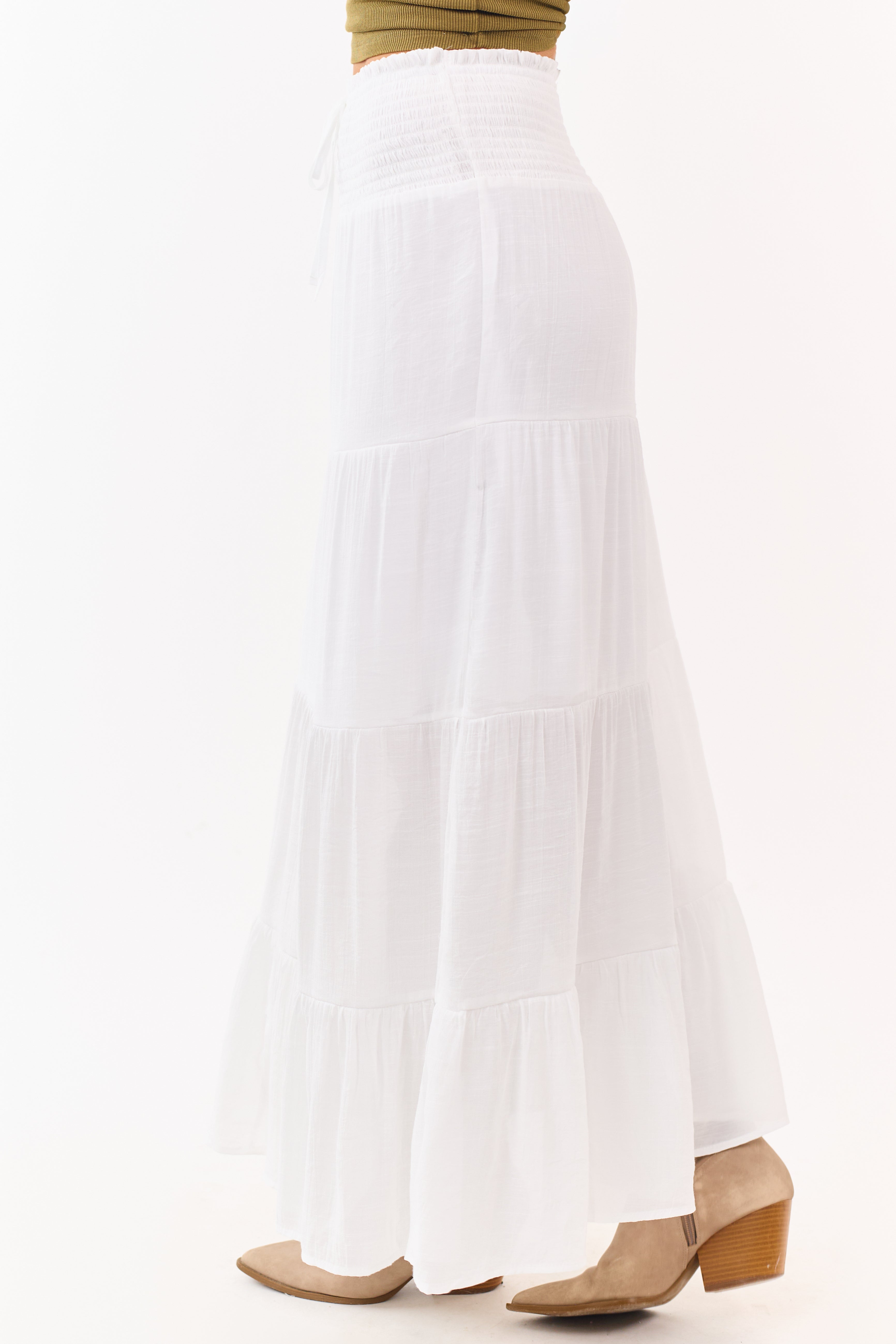 White Smocked Waist Tiered Maxi Skirt | Lime Lush Boutique