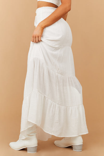 White Smocked Waist Tiered Maxi Skirt