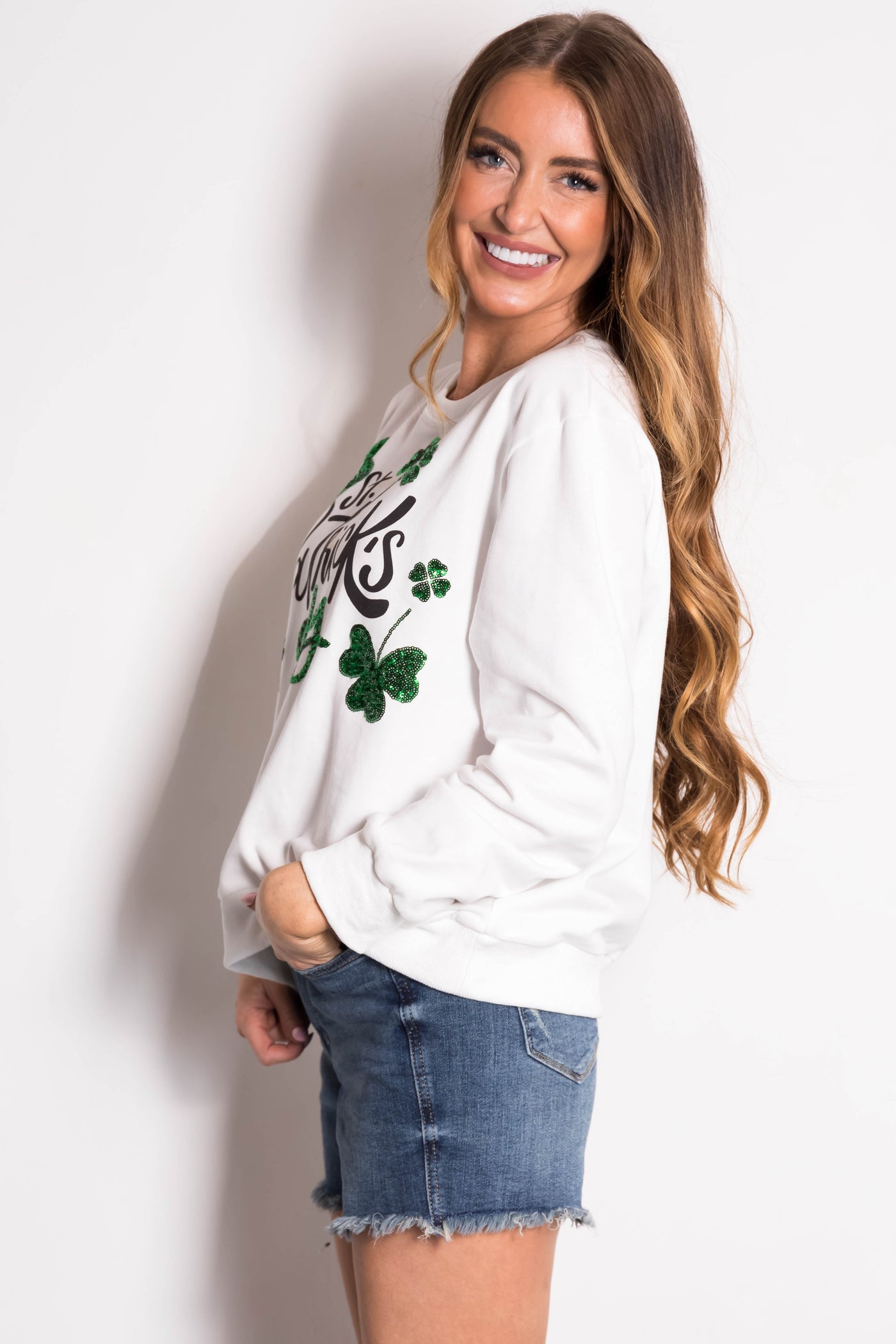 White 'St Patrick's Day' Sequin Graphic Sweatshirt