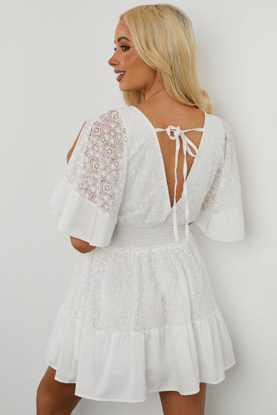 White Surplice Smocked Waist Bohemian Lace Dress