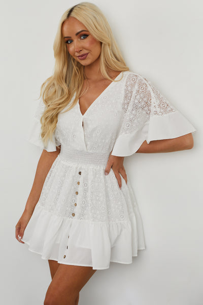 White Surplice Smocked Waist Bohemian Lace Dress