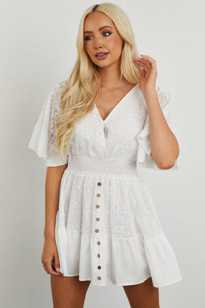 White Surplice Smocked Waist Bohemian Lace Dress