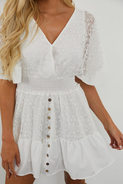 White Surplice Smocked Waist Bohemian Lace Dress