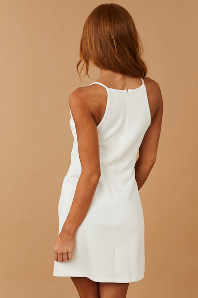 White Textured Knit Halter Neck Sheath Dress