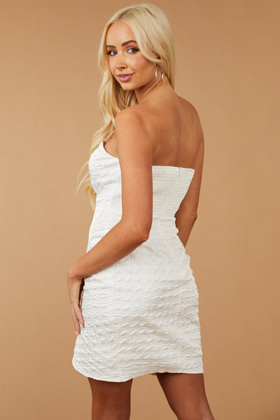 White Textured Strapless Smocked Mini Dress