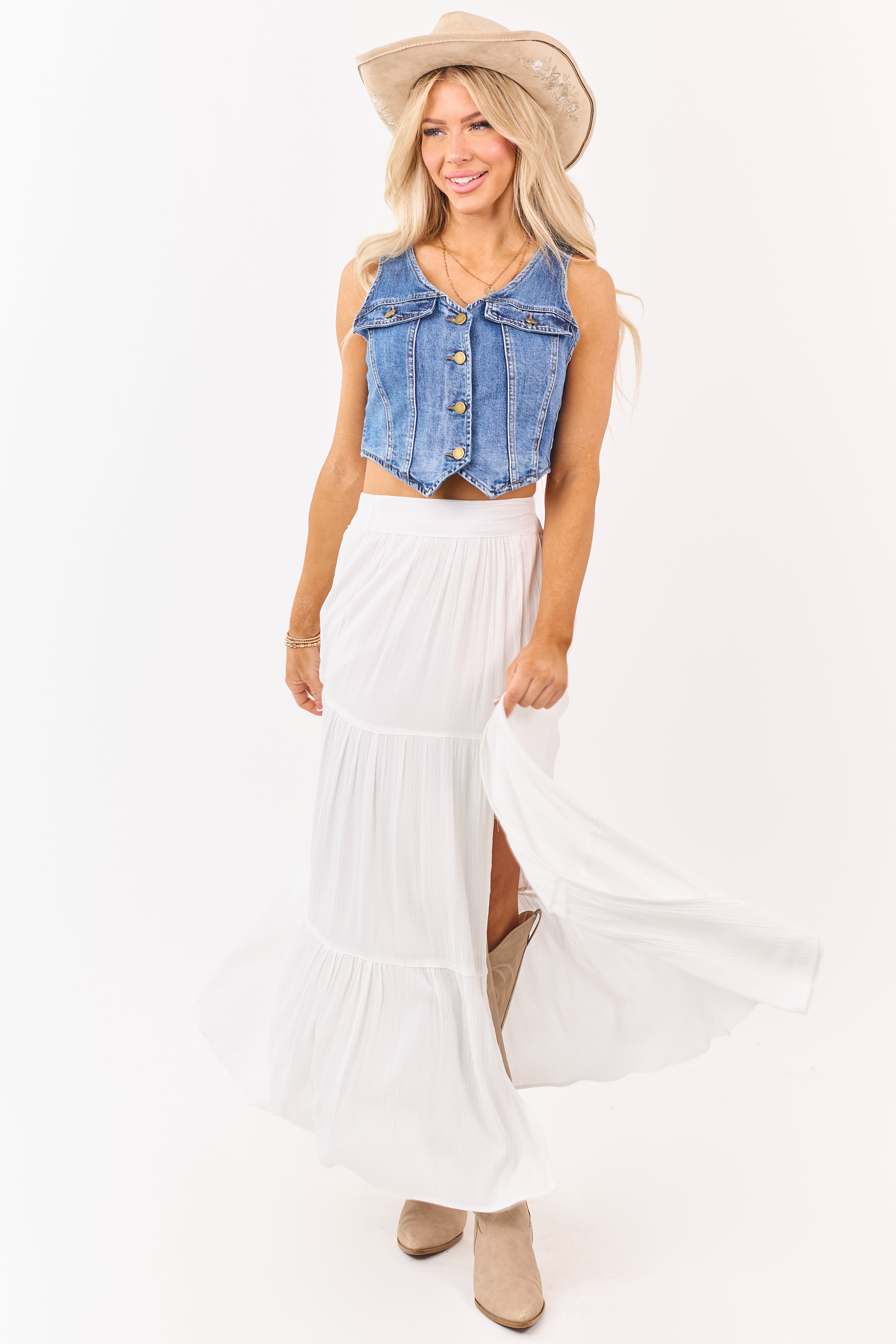 White Tiered Side Slit Maxi Skirt