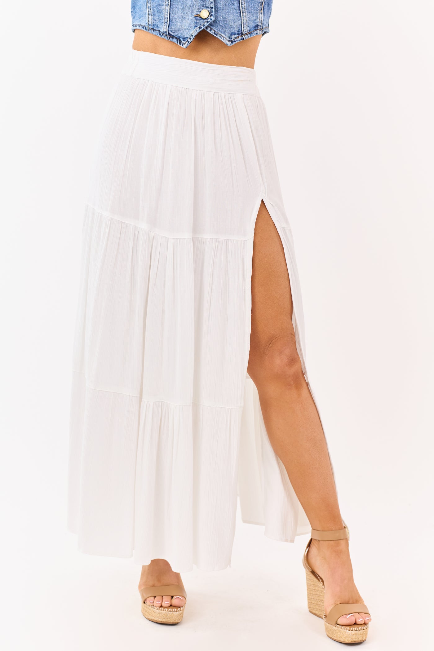 White Tiered Side Slit Maxi Skirt