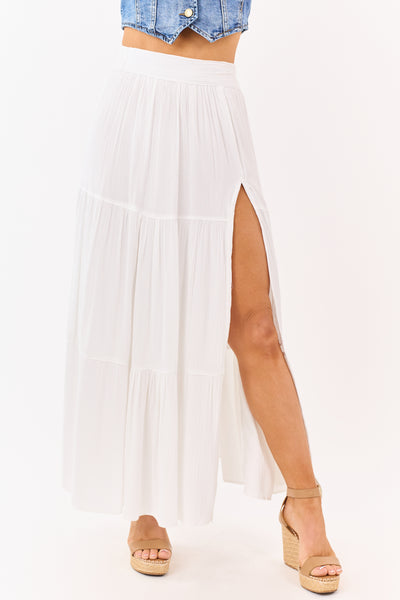 White Tiered Side Slit Maxi Skirt