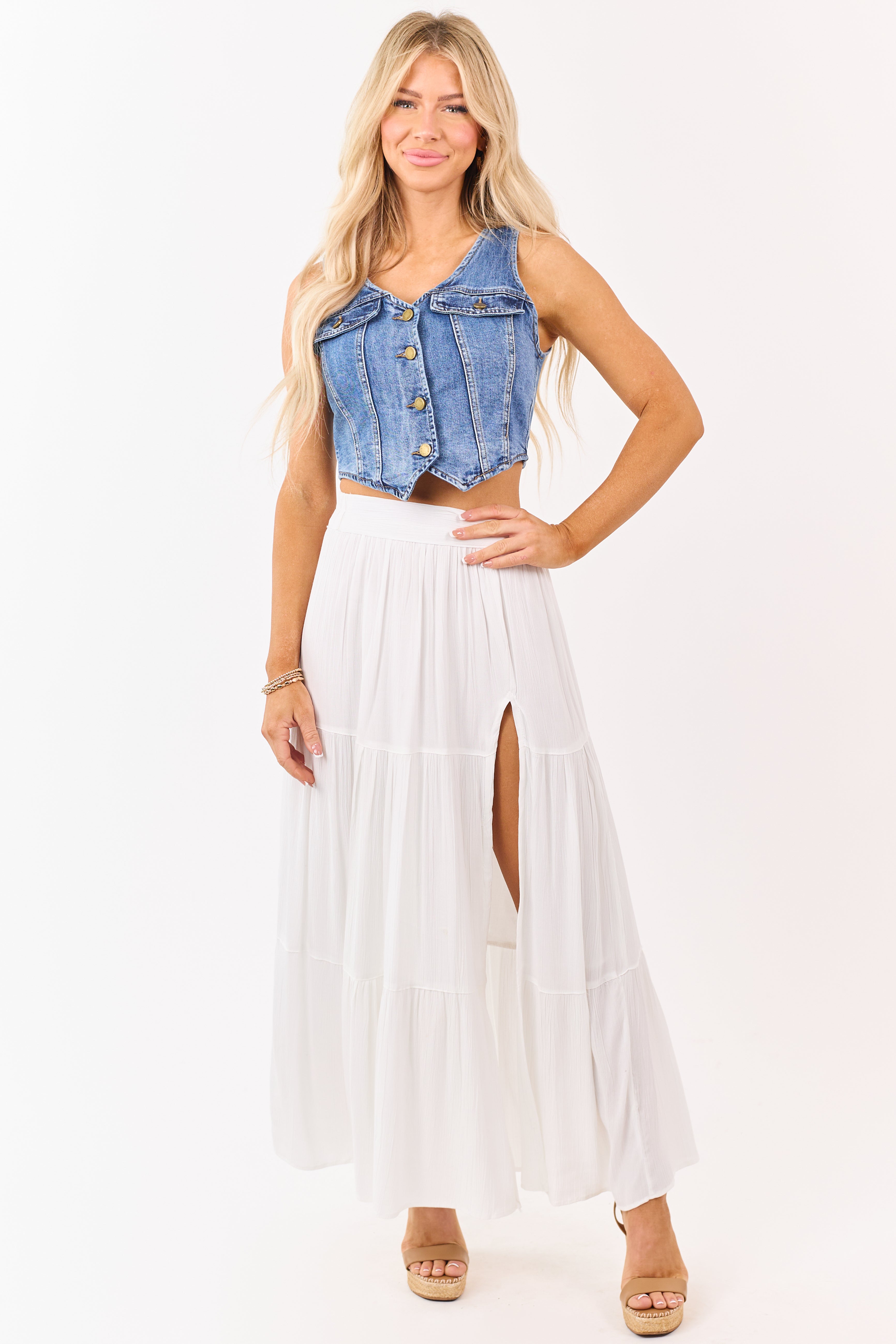 White Tiered Side Slit Maxi Skirt | Lime Lush Boutique