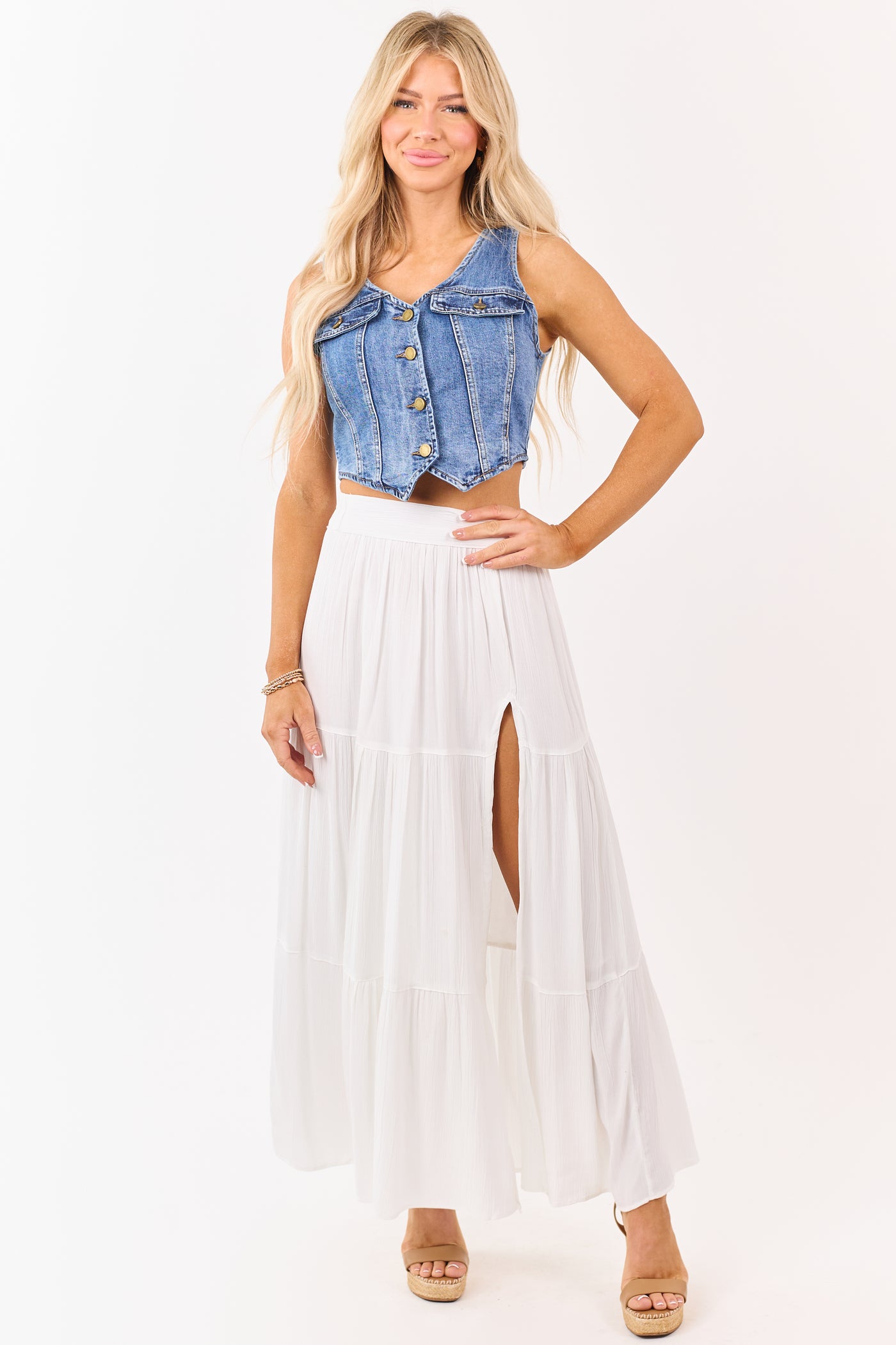 White Tiered Side Slit Maxi Skirt