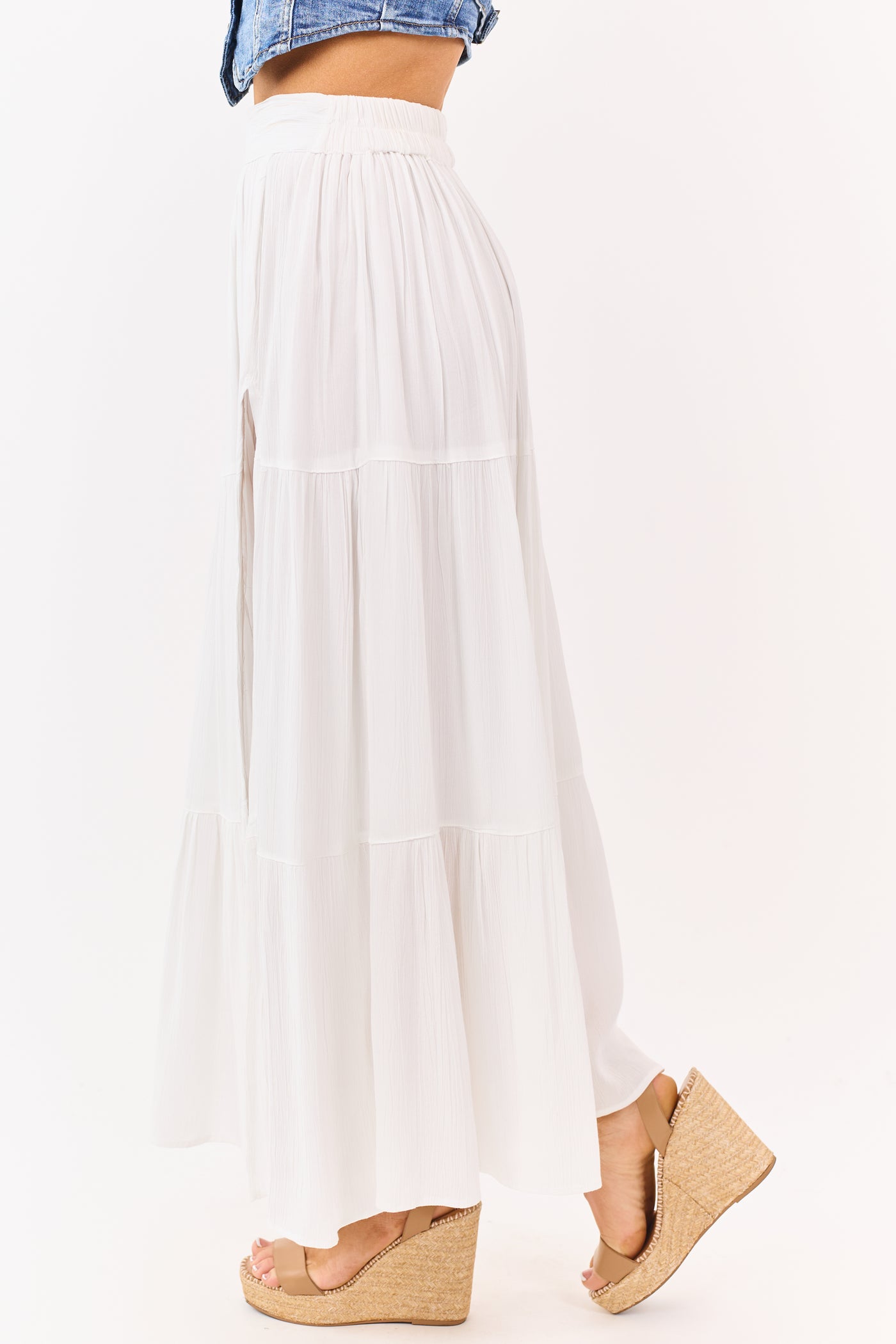 White Tiered Side Slit Maxi Skirt
